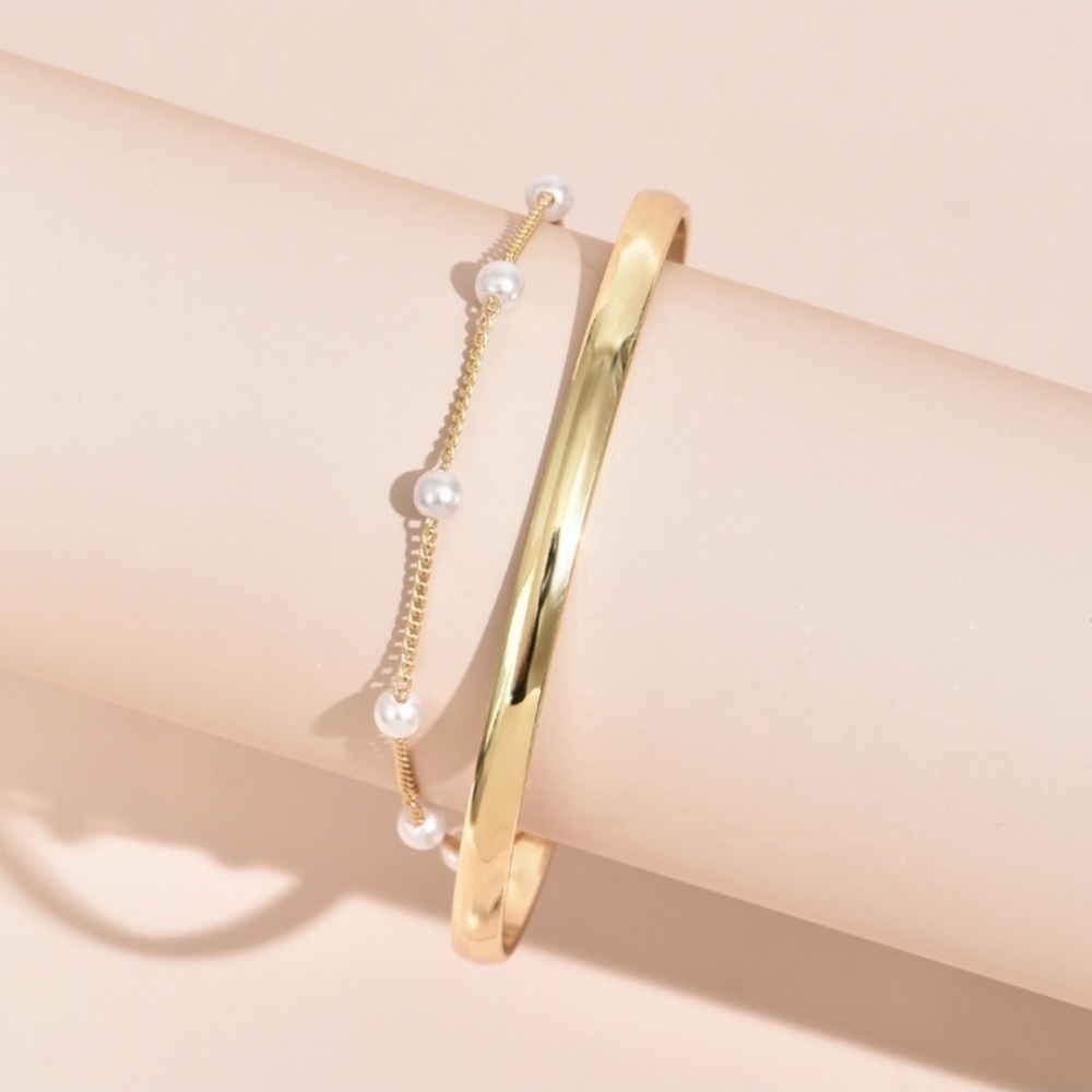 Golden Double Layer Bracelet With faux pearls